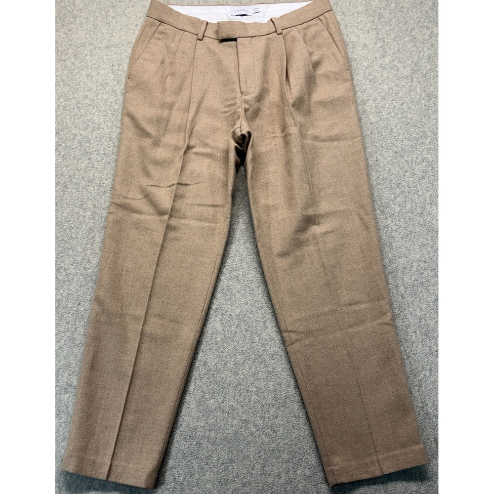 Topman Mens Trouser Pants Khaki Pleated Front Straight Leg Wool Blend 34x32